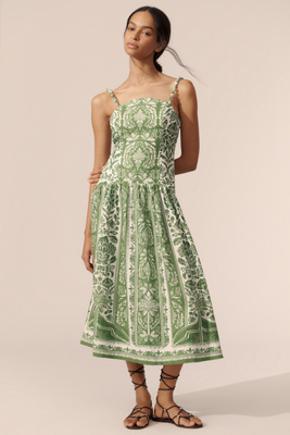 FARM RIO DELICATE TAPESTRY LINEN DROP-WAIST MIDI DRESS 