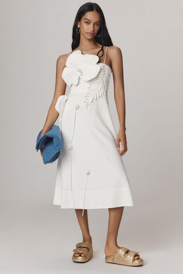Farm Rio Linen Blend Garden Sleeveless Floral Appliqué Midi Dress