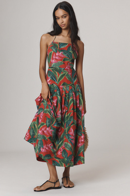 Farm Rio Linen Blend Dream Garden Strappy Drop-Waist Midi Dress