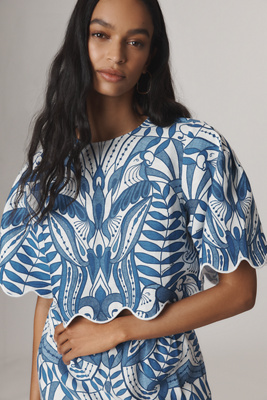 Farm Rio X Anthropologie Linen Lace Nature Short-sleeve Cropped Blouse In Blue