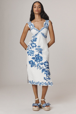 Farm Rio Off-white Floral Cascade Wavy Midi Dress In White