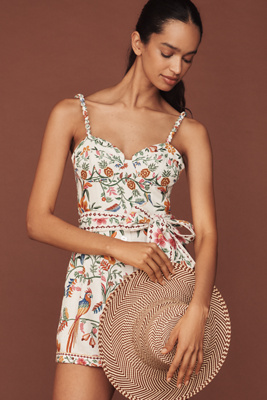 Farm Rio Delicate Forest Off White Linen Romper Swim Cover-up