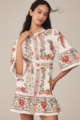 Farm Rio Delicate Forest Scarves Flared-sleeve Mini Dress