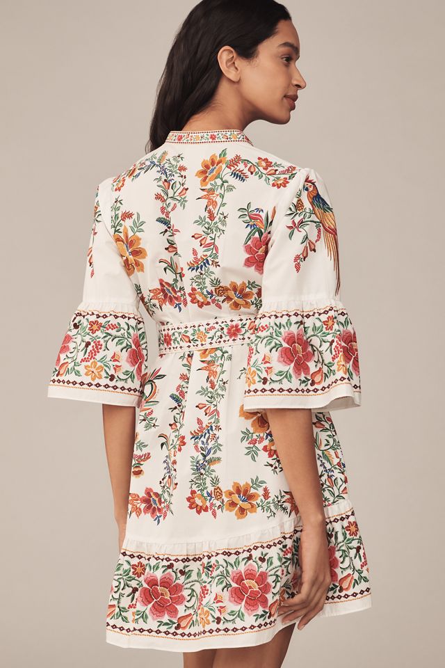 Farm Rio Delicate Forest Scarves Flared-Sleeve Mini Dress #1