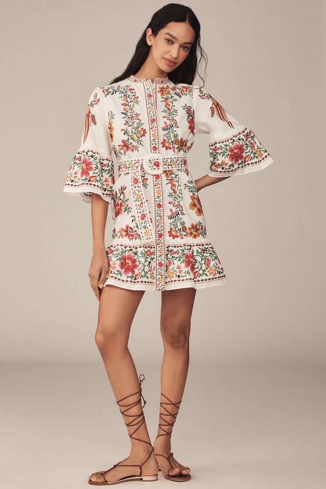 Farm Rio Delicate Forest Scarves Flared-Sleeve Mini Dress #2