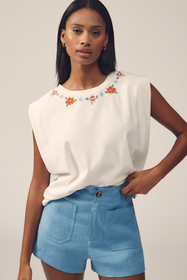 Embroidered Cross-Stitch Flowers Muscle Tee