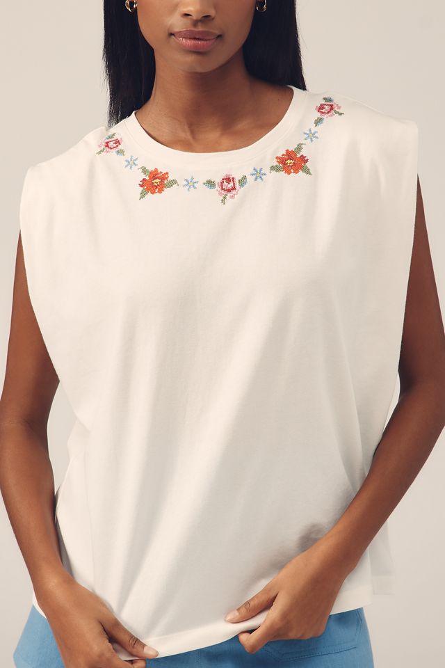 Farm Rio Embroidered Cross-Stitch Flowers Muscle Tee #3
