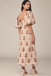 Farm Rio Puff-Sleeve Linen Embroidered Macaw Midi Dress