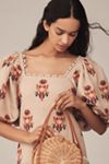 Farm Rio Puff-Sleeve Linen Embroidered Macaw Midi Dress