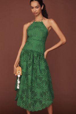 Farm Rio Palm Tree Cotton Sleeveless Eyelet Midi Dress