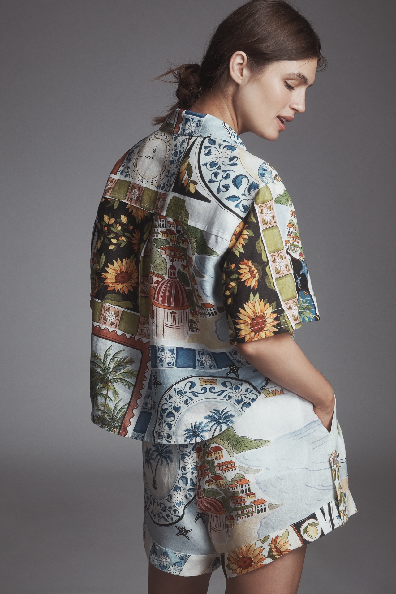 Farm Rio Short-Sleeve Linen Printed Buttondown Shirt
