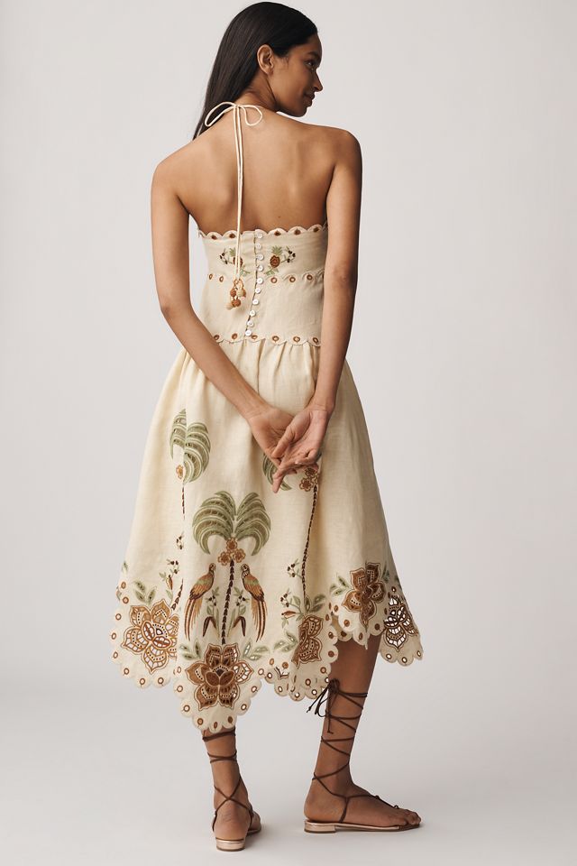 Farm Rio Linen Halter Eyelet Midi Dress #1