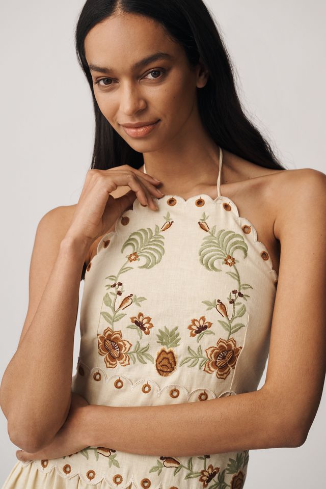 Farm Rio Linen Halter Eyelet Midi Dress #2