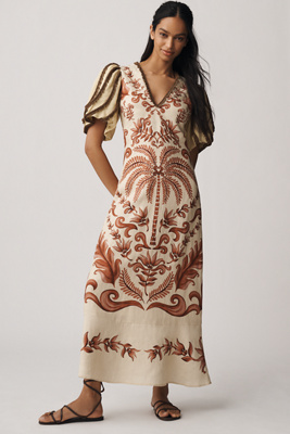 Farm Rio V-neck Puff-sleeve Linen Maxi Dress In Neutral