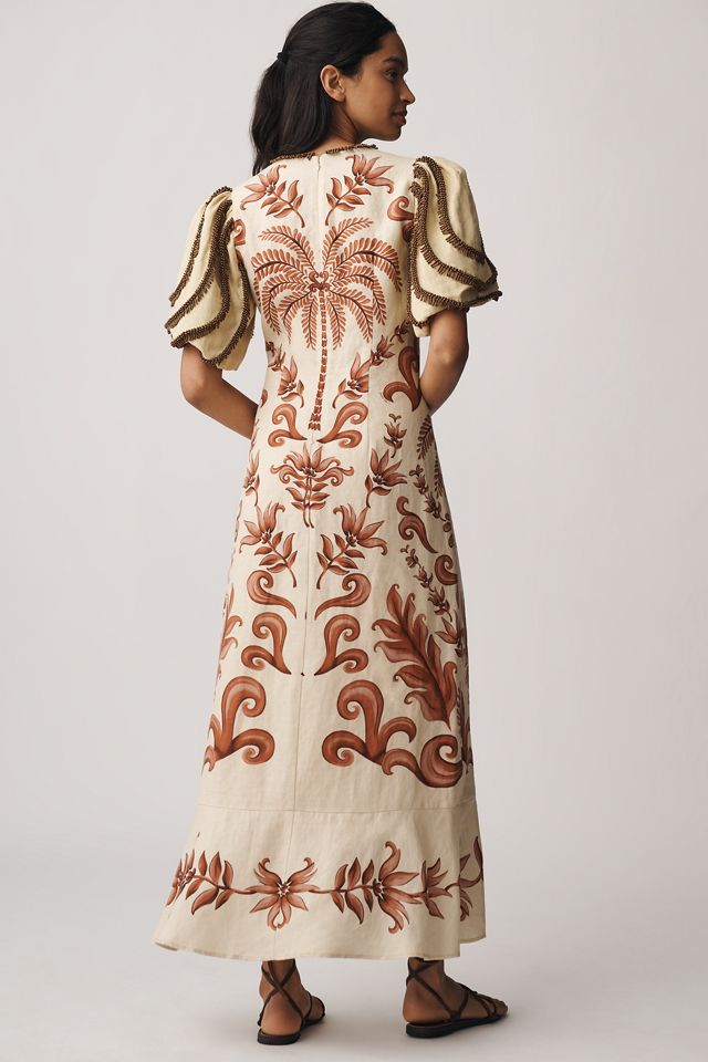 Farm Rio V-Neck Puff-Sleeve Linen Maxi Dress #1