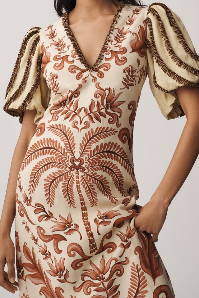 Farm Rio V-Neck Puff-Sleeve Linen Maxi Dress #2