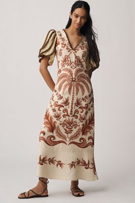 Farm Rio V-Neck Puff-Sleeve Linen Maxi Dress