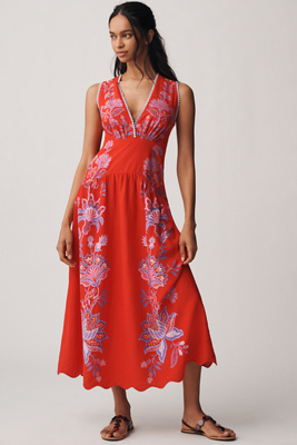 Farm Rio Porcelain Garden Red Linen A-line Midi Dress