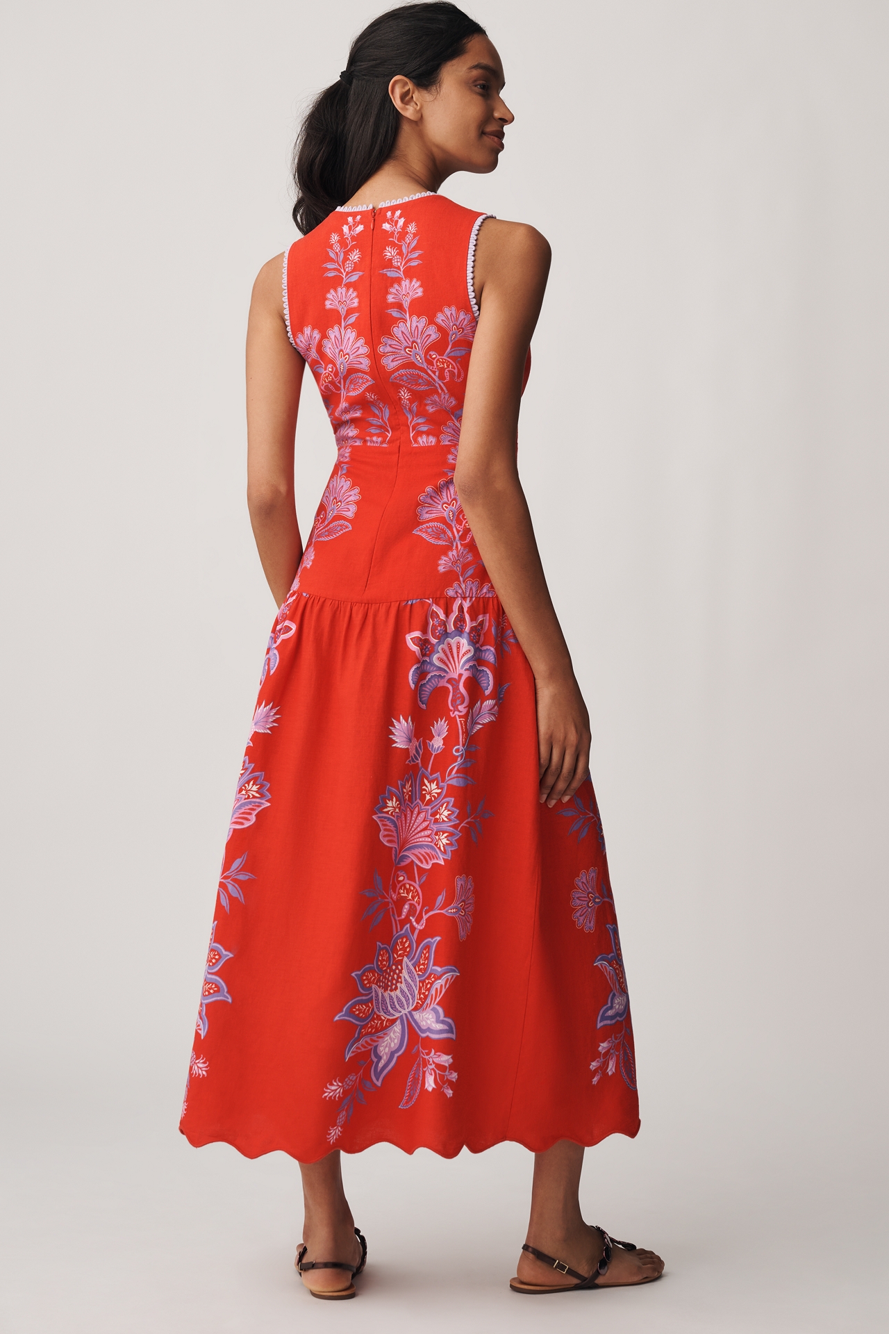 Farm Rio Porcelain Garden Red Linen A-Line Midi Dress