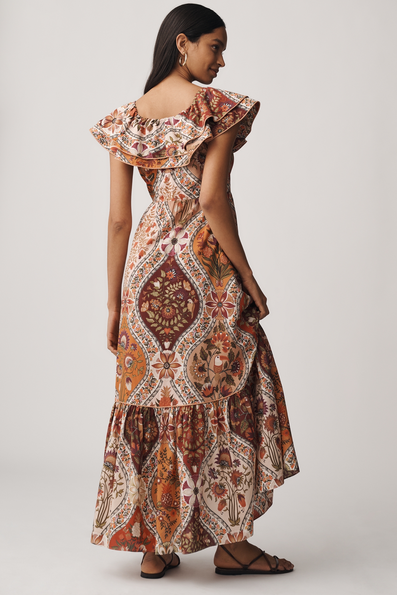 Farm Rio Romantic Nature Multicolor Off-The-Shoulder Ruffle Midi Dress