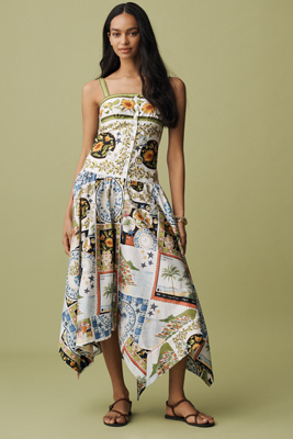 Farm Rio Latin Trip Print Asymmetric Cotton Button-front Sundress
