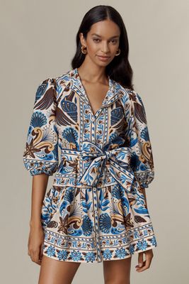 Farm Rio x Anthropologie 華やかプリント パフスリーブ ドレス Farm Rio x Anthropologie Puff-Sleeve Sweetheart Linen Midi