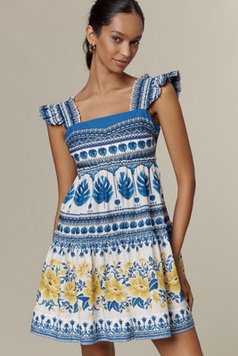 Farm Rio Zuli Organic Cotton Mini Dress In Off-white In Blue