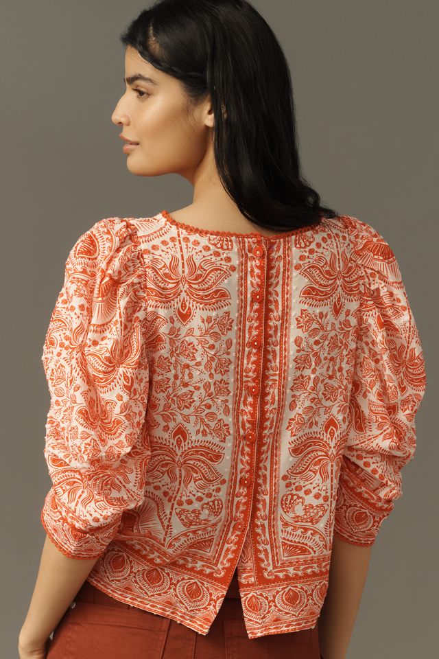 Farm Rio River Ride Cotton Puff-Sleeve Blouse #1