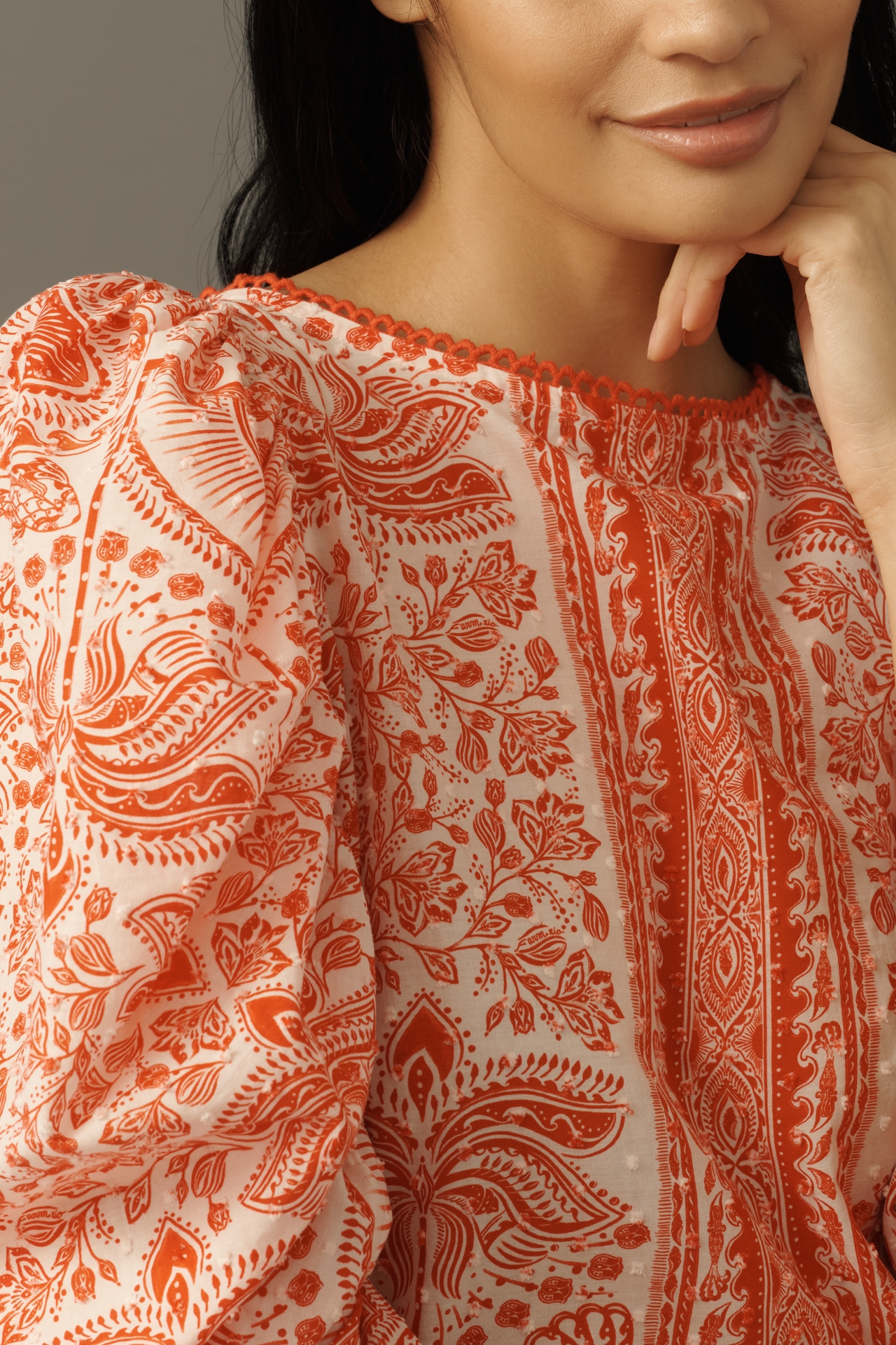 Farm Rio River Ride Cotton Puff-Sleeve Blouse