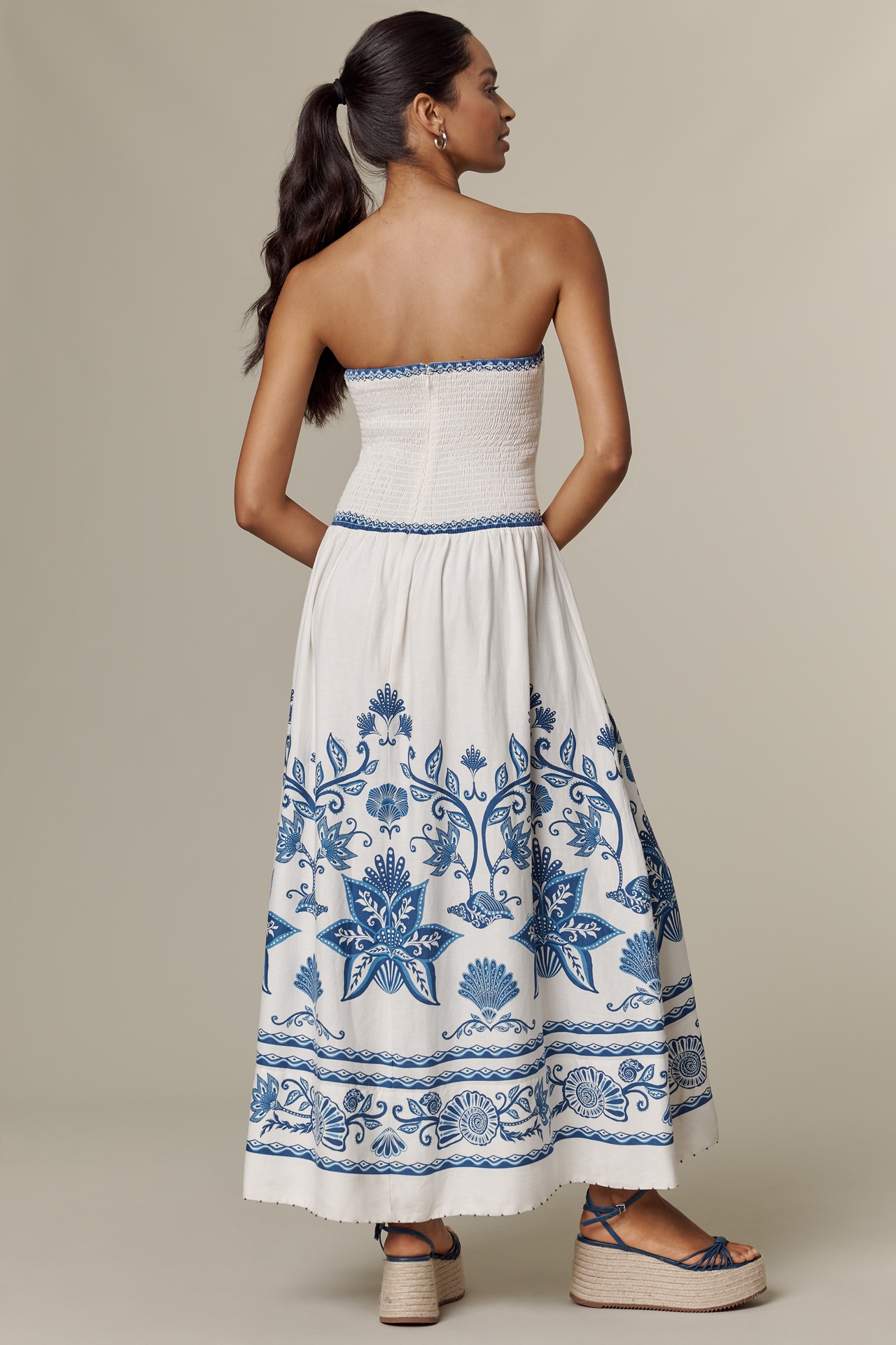 Farm Rio Shell Garden Linen Blend Midi Dress