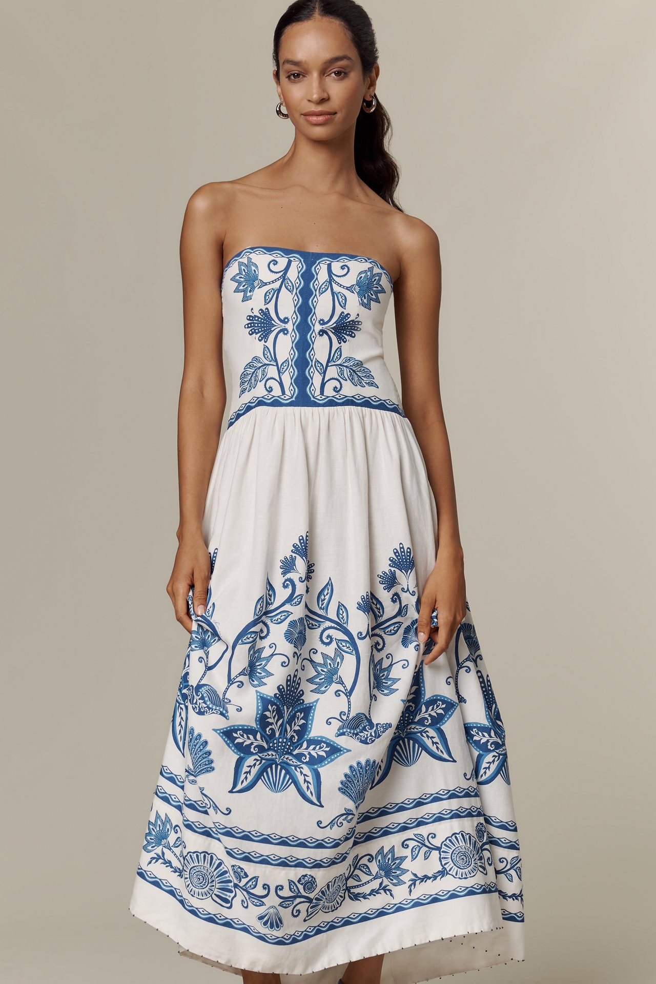 Farm Rio Shell Garden Linen Blend Midi Dress