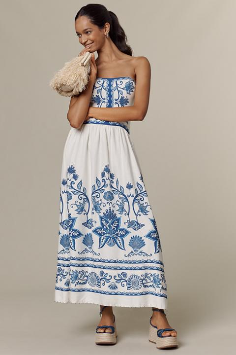 Farm Rio Shell Garden Linen Blend Midi Dress