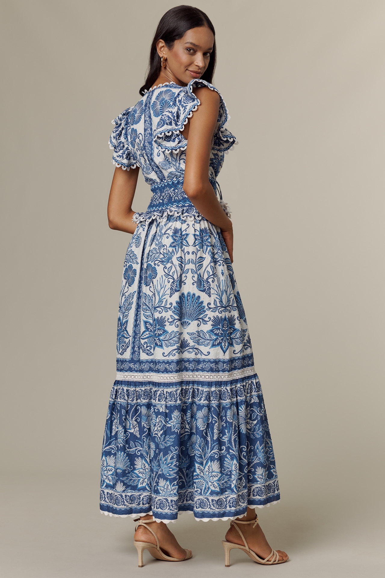 Farm Rio Shell Garden Cotton Ruffle Maxi Dress
