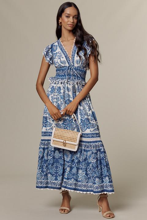 Farm Rio Shell Garden Cotton Ruffle Maxi Dress