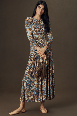 Farm Rio Winter Tapestry Long-sleeve Ruched Maxi Dress In Gray