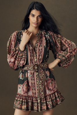 Farm Rio Belted Puff-sleeve Mini Dress In Brown