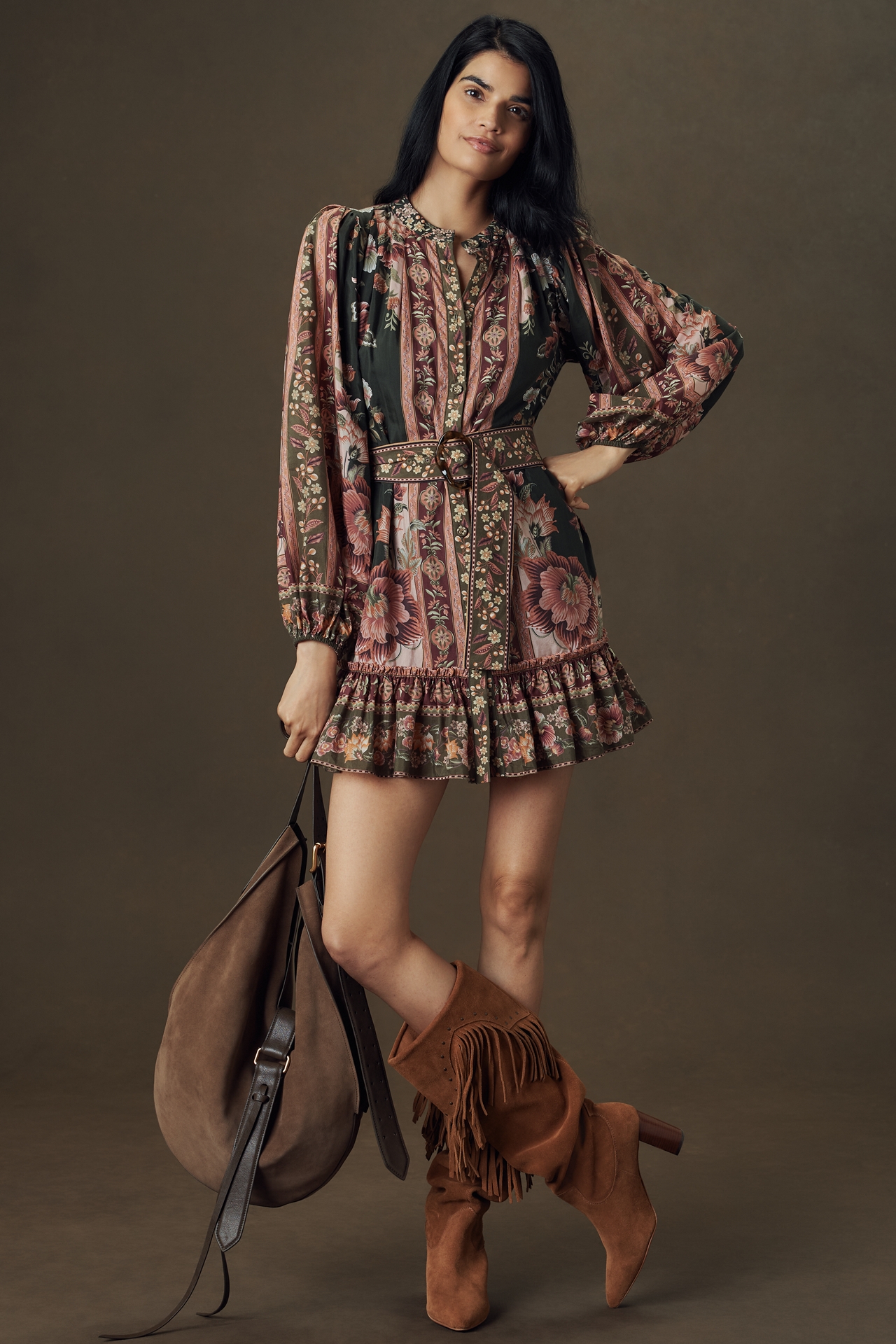 Farm Rio Belted Puff-Sleeve Mini Dress