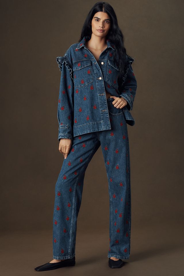Farm Rio Embroidered Ruffle Denim Jacket #1