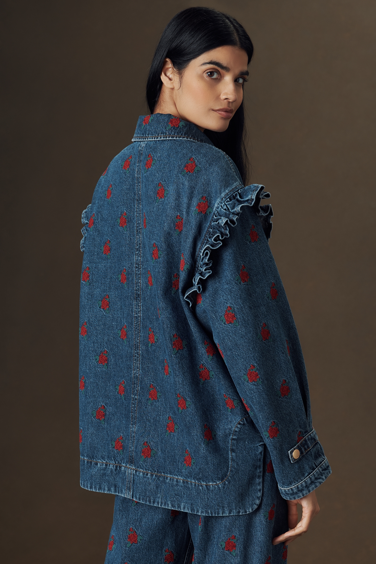 Farm Rio Embroidered Ruffle Denim Jacket