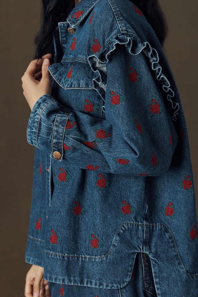 Farm Rio Embroidered Ruffle Denim Jacket #3