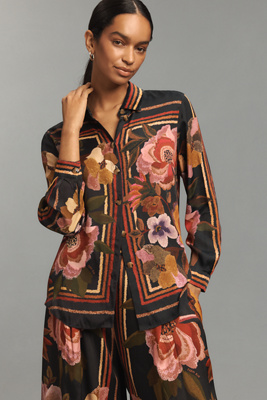 Farm Rio Chenille Flowers Long-sleeve Buttondown Blouse In Multi