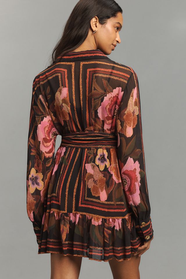 Farm Rio Chenille Flowers Long-Sleeve Belted Mini Shirt Dress