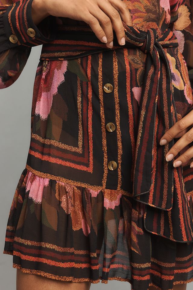 Farm Rio Chenille Flowers Long-Sleeve Belted Mini Shirt Dress
