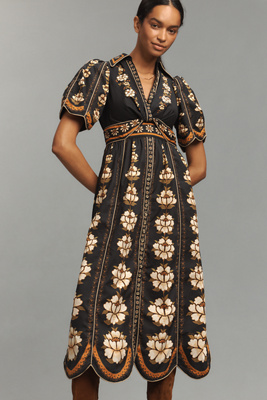 Farm Rio Embroidered Floral Short-Sleeve Midi Dress product page