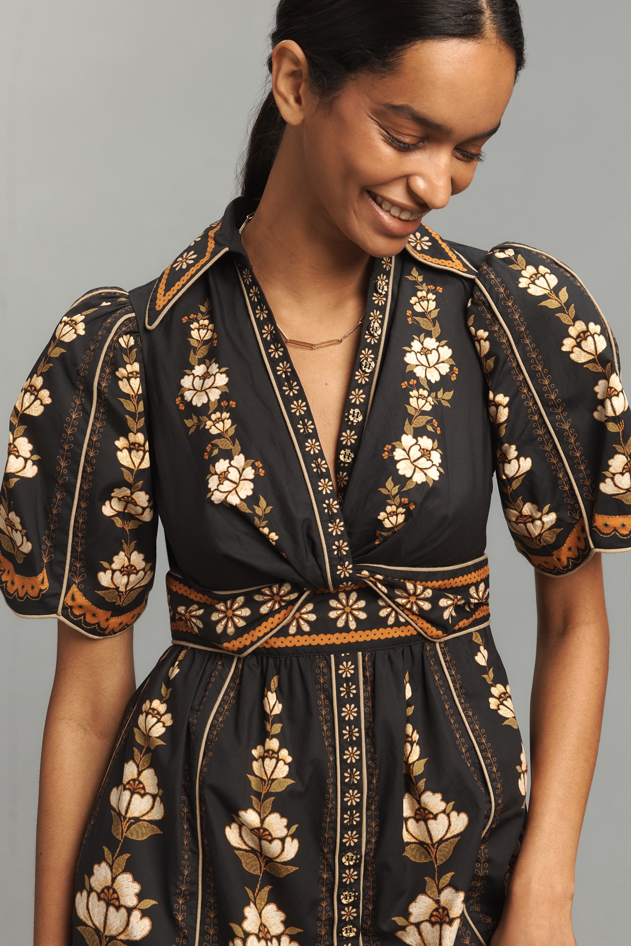 Farm Rio Embroidered Floral Short-Sleeve Midi Dress