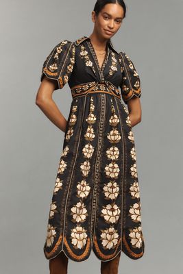 Farm Rio Embroidered Floral Short-Sleeve Midi Dress