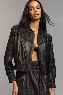 Farm Rio Richelieu Leather Bomber Jacket | Anthropologie