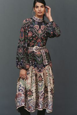 Farm Rio High-Neck Long-Sleeve Midi Dress