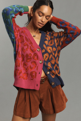 Farm Rio Colorblock Leopard Cardigan In Multi