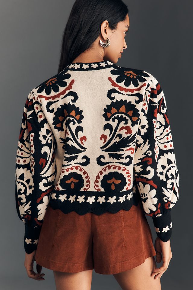 Farm Rio Winter Tapestry Stripes Puff-Sleeve Sweater #1